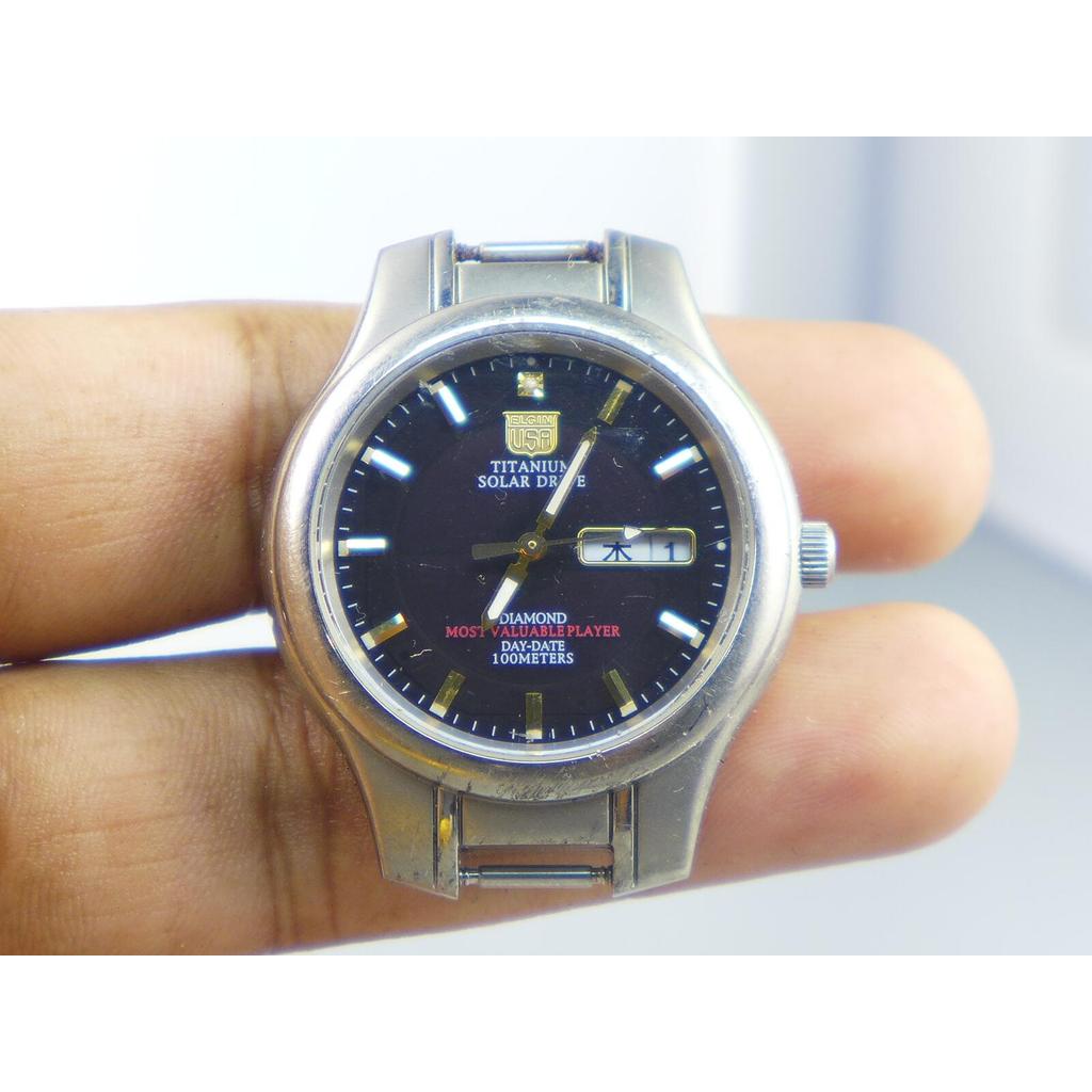 นาฬิกา Vintage มือสองญี่ปุ่น ELGIN USA TITANIUM SOLAR DRIVE Diamond ผู้ชาย ทรงกลม กรอบเงิน หน้าดำ ไม