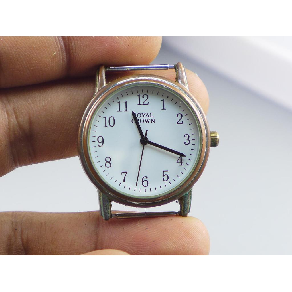 นาฬิกา Vintage มือสองญี่ปุ่น ROYAL CROWN QUARTZ ผู้ชาย ทรงกลม กรอบเงิน หน้าขาว ไม่มีสาย  33mm