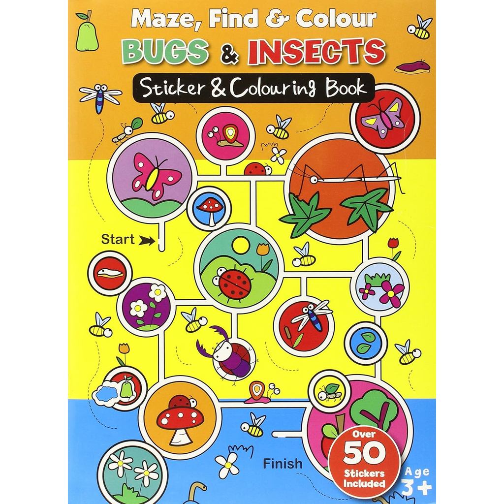 (BX) MAZE FIND & COLOUR BUGS & INSECTS STICKER & COLOURING BOOK
