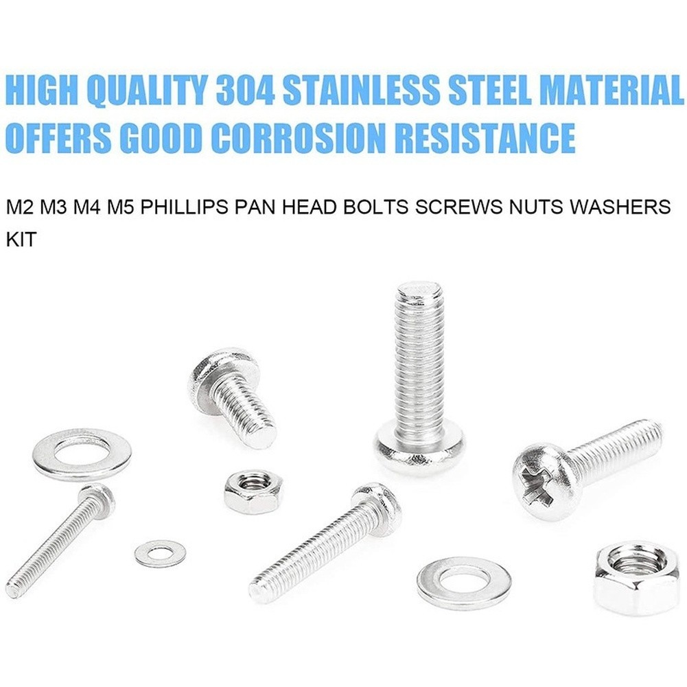 xp1 1220PCS 304 สแตนเลสสตีล Hex Bolts Nuts เครื่องซักผ้าชุด M2 สําหรับ M3 M5 พร้อม 4 Hex