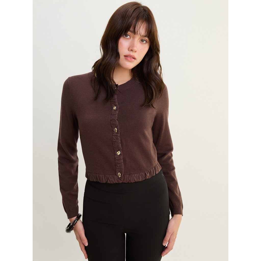Pomelo Womens Ruffle Trim Cropped Cardigan - สีน้ําตาล