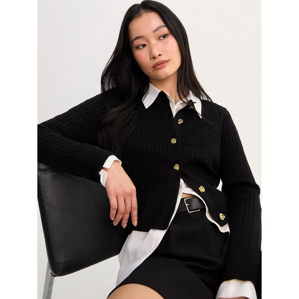 Pomelo Womens Ribbed Knit Cardigan - สีดํา
