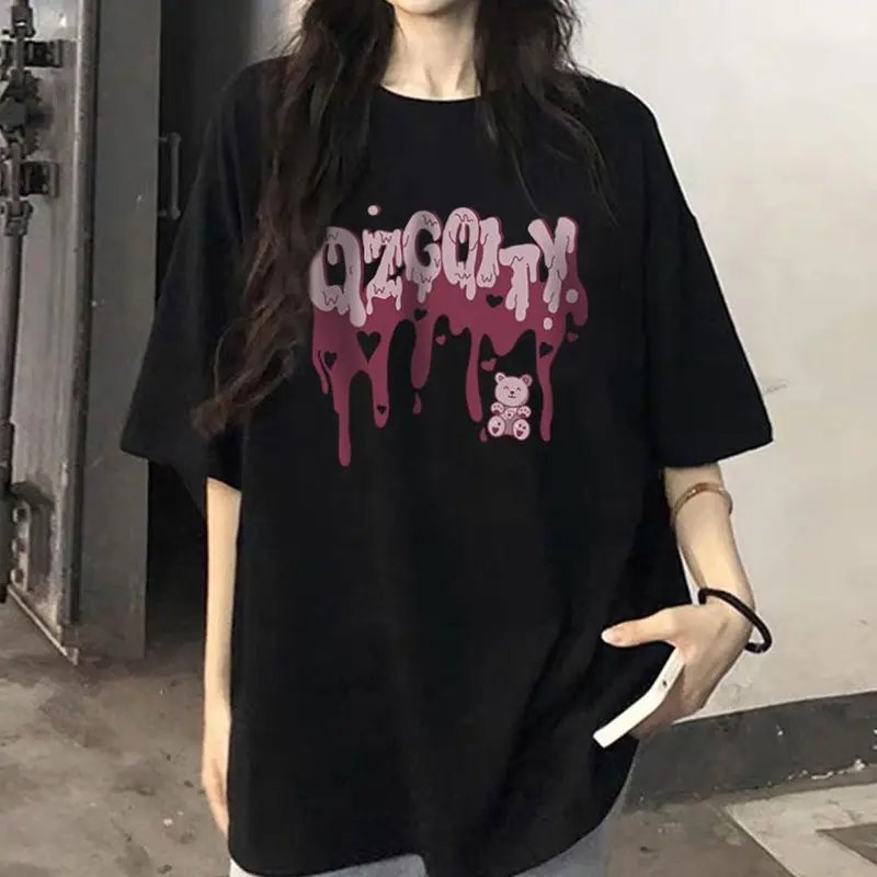 【จัดส่งจากไทย】เสื้อยืดผ้าฝ้ายคอกลมสไตล์เกาหลี เสื้อแขนสั้นลายพรินต์ระบายอากาศใส่สบาย ทรงหลวมไซส์ใหญ่ ชายหญิงใช้ได้