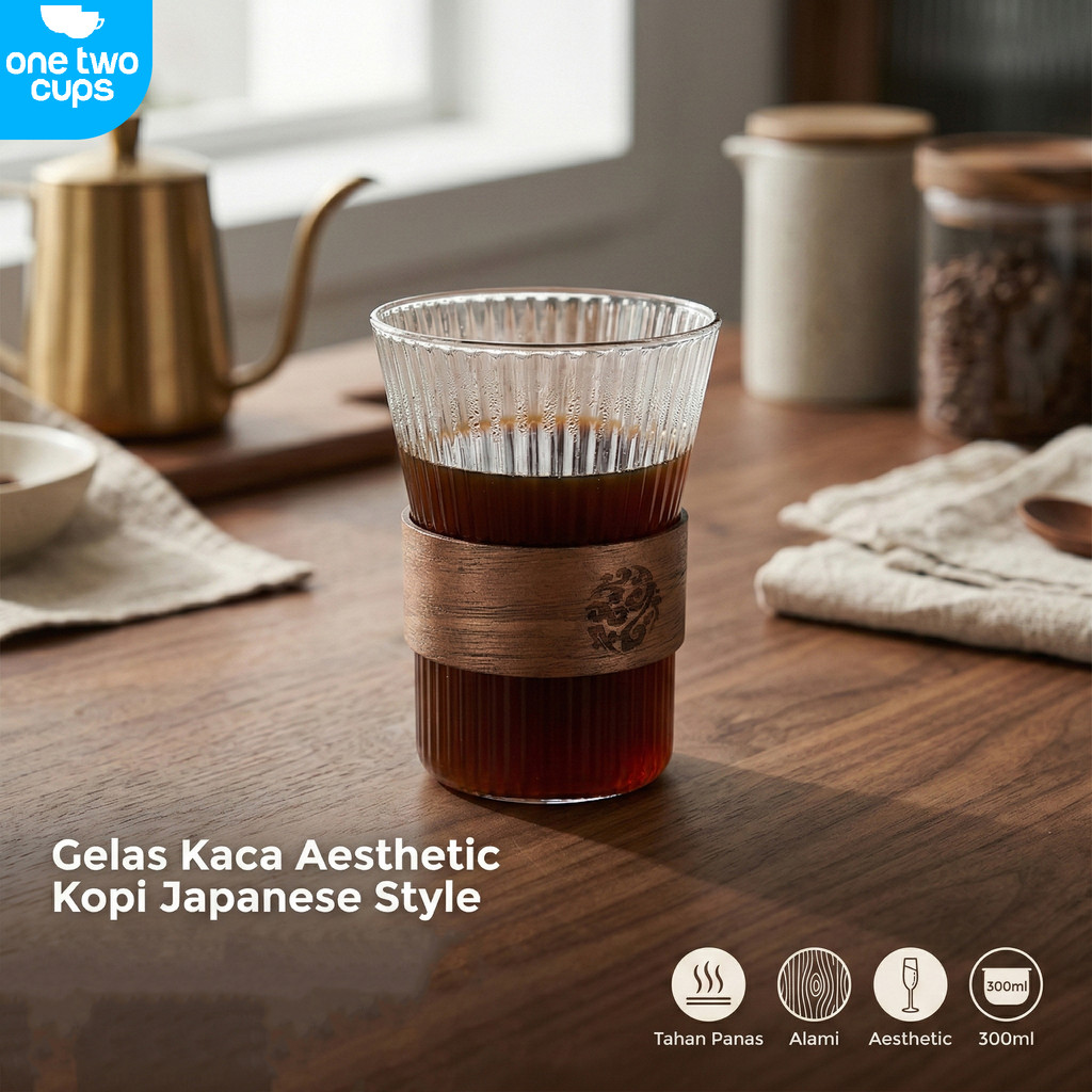 JDS Aesthetic Glass Cup Coffee Tea Wood Sleeve 300ml - GN14