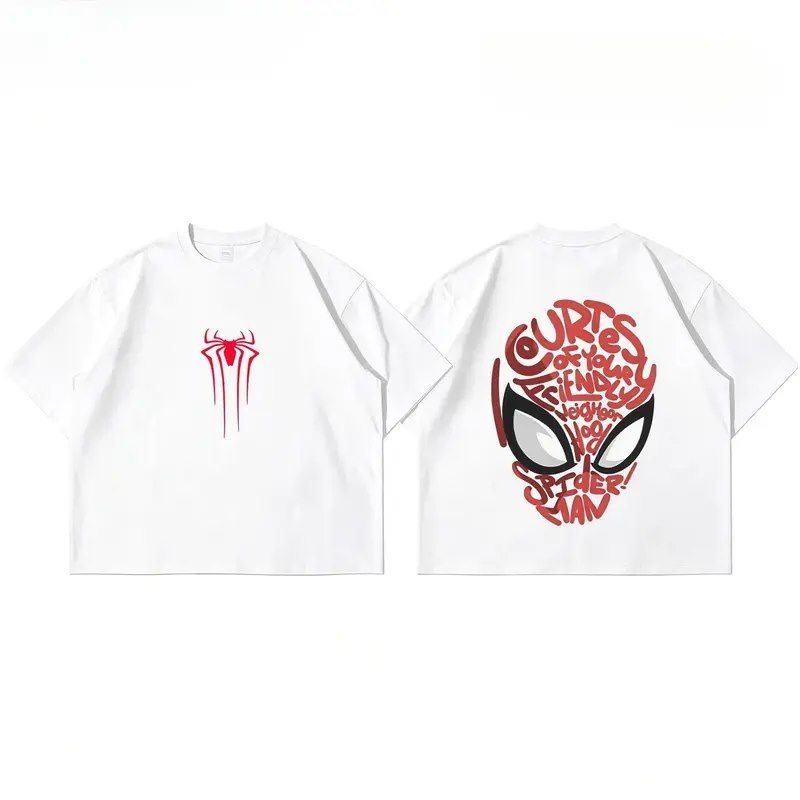 เสื้อยืดลายสไปเดอร์แมนการ์ตูนสไตล์เรียบง่าย ผ้าฝ้ายแท้ ทรงหลวม เหมาะชายหญิง