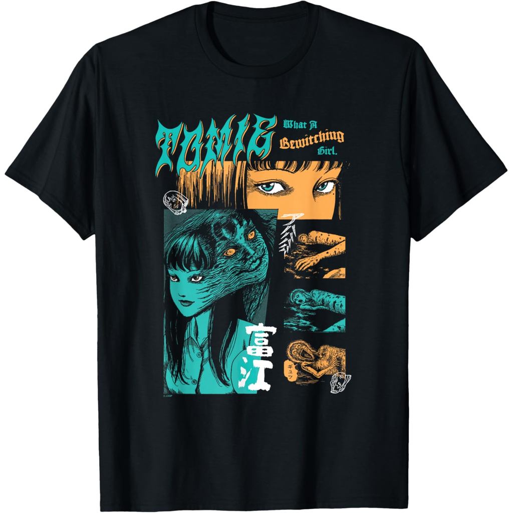 เสื้อยืดผ้าฝ้ายผู้ชาย Junji Ito Tomie Orange และ Aqua Zine Collage Horror Manga เสื้อยืด
