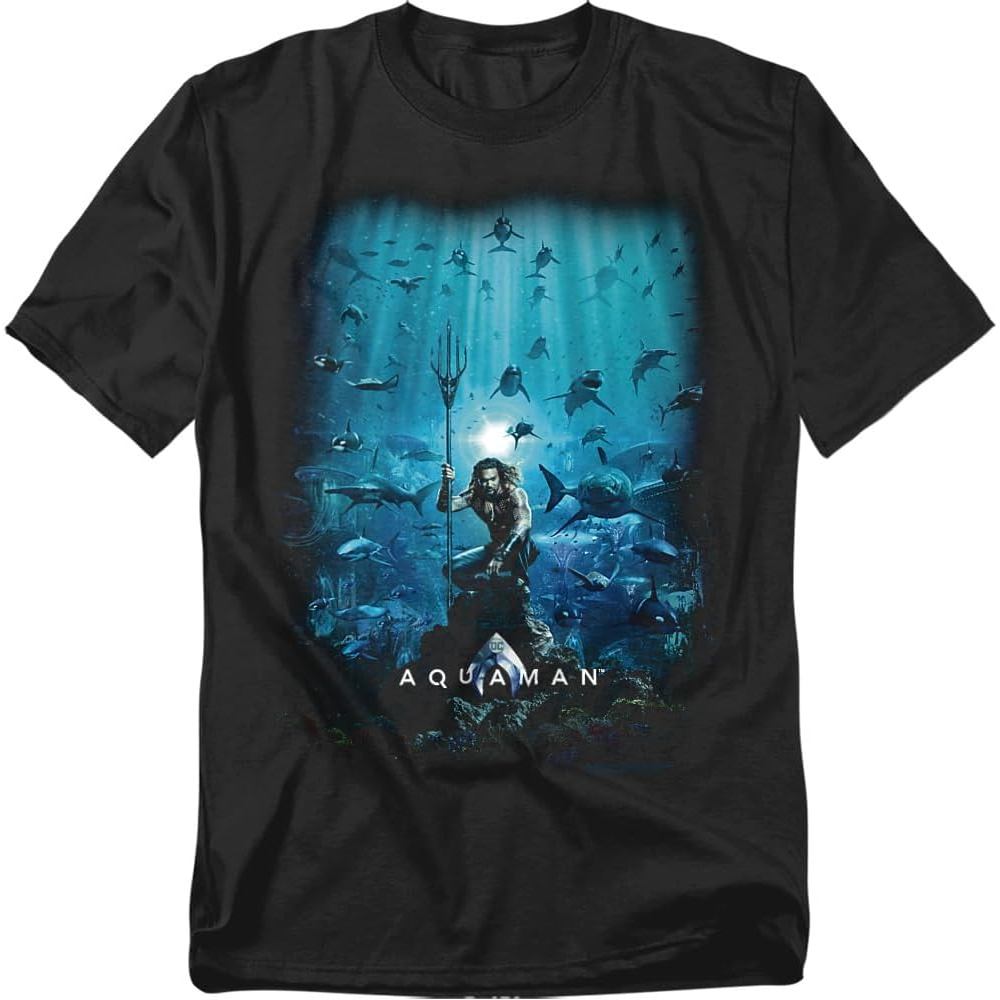 เสื้อยืดผ้าฝ้ายผู้ชาย Popfunk Aquaman Movie Jason Mamoa Trident T Shirt