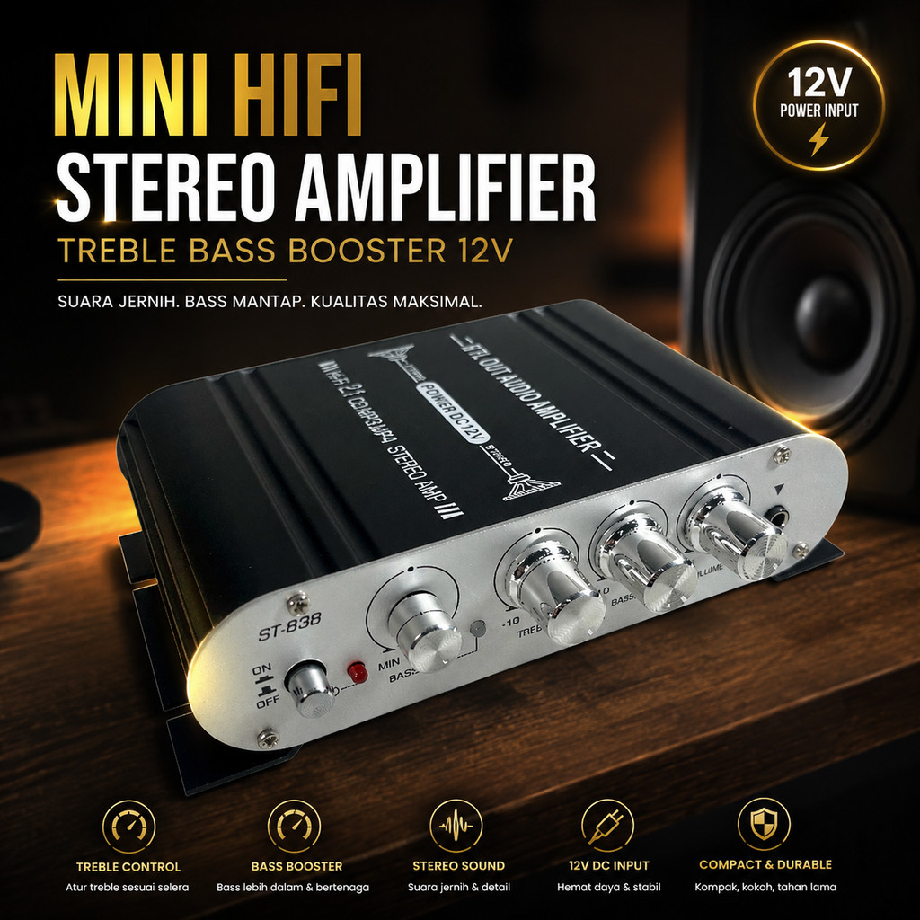 LVPIN Mini HiFi เครื่องขยายเสียงสเตอริโอ Treble Bass Booster 12V - ST-838