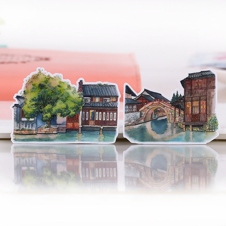 Wuzhen Impression สติกเกอร์ตกแต่งภูมิทัศน์สีน้ําสําหรับวารสารและเคสโทรศัพท์