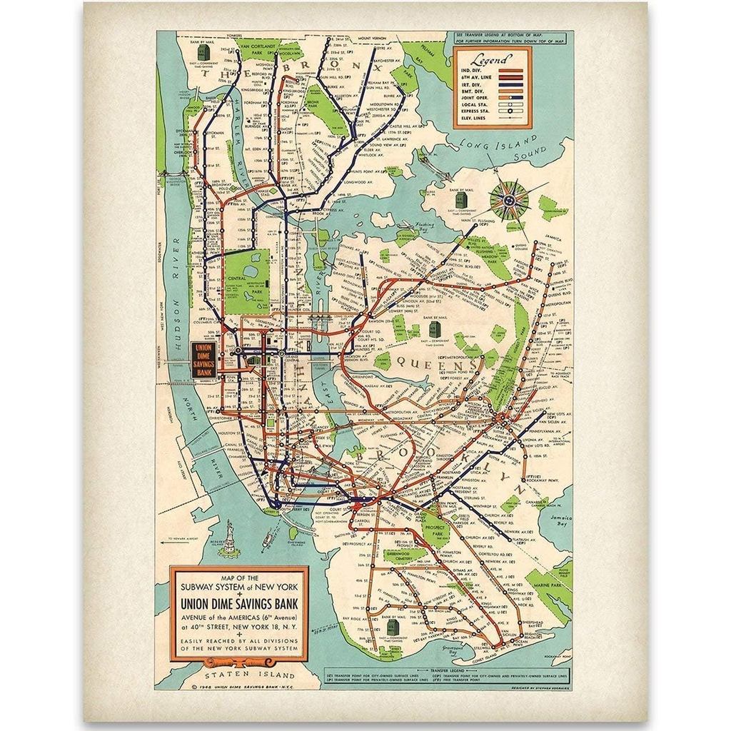 Vintage 1948 New York City Subway แผนที่ 11x14 Unframed โปสเตอร์คลาสสิก NYC Subway แผนที่ Reproducti