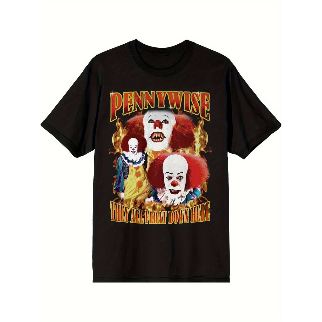 Mens Vintage 1990s IT Movie "Bohemian Clown" Horror T-Shirt - Bohemian Clown Face Print with Flame D