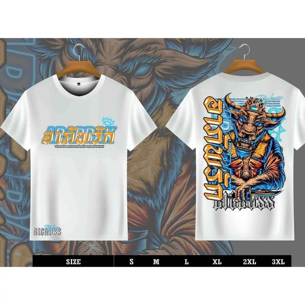 [พร้อมส่ง] เสื้อยืดผู้ชาย ลายสกรีนกราฟิก หัววัว 3D สไตล์สตรีทอเมริกัน เสื้อยืดคอกลมสีดำ ทรง Oversize ผ้าคอตตอน