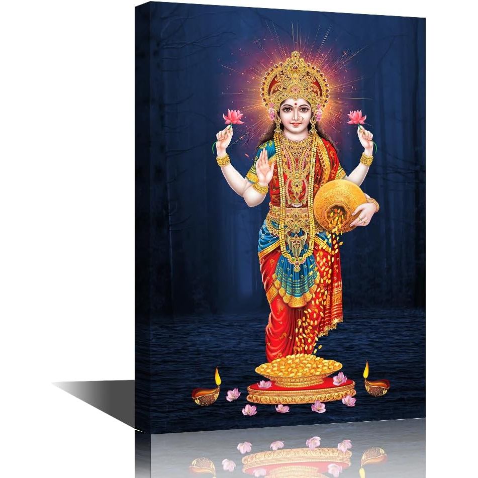 Lord Indian God Canvas Wall Art Hindu Laxmi Mata di รูปภาพโปสเตอร์ Diya Sunrise Wall ตกแต่งสําหรับห้