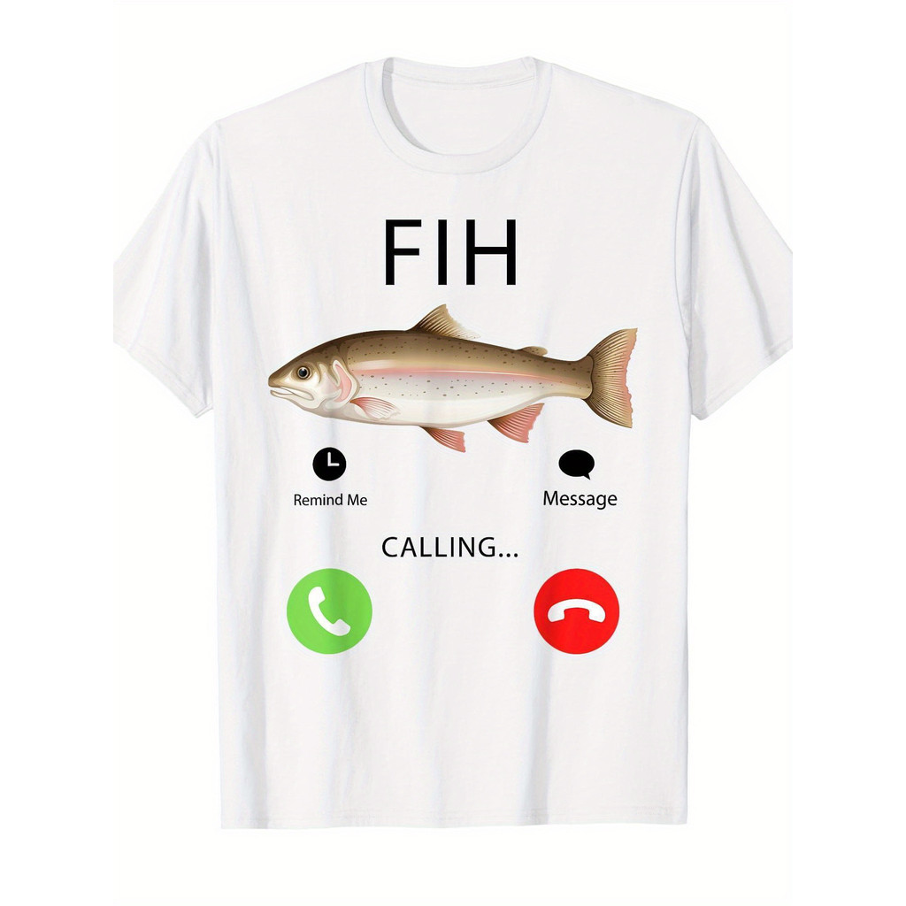 ตลกปลา Meme เสื้อยืดสะกด "Fih" "Calling" ข้อความ- สวมใส่สบาย Casual Shor Breathable Fishing T เสื้อ