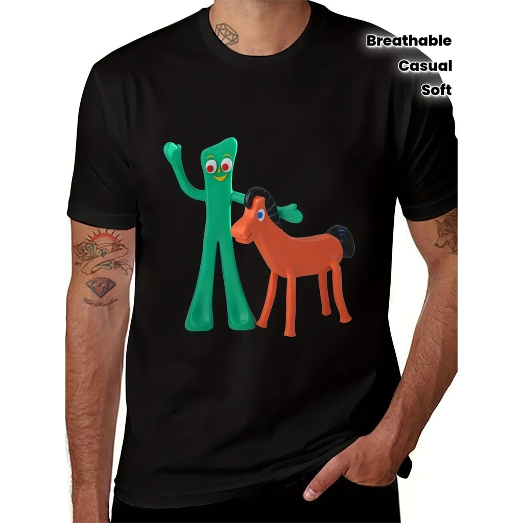 เสื้อยืดกราฟิกการ์ตูน G-Gumbie & Pokey สําหรับผู้ชาย - การออกแบบ Pop Art ตลกพร้อมตัวอักษร Gumbie & P