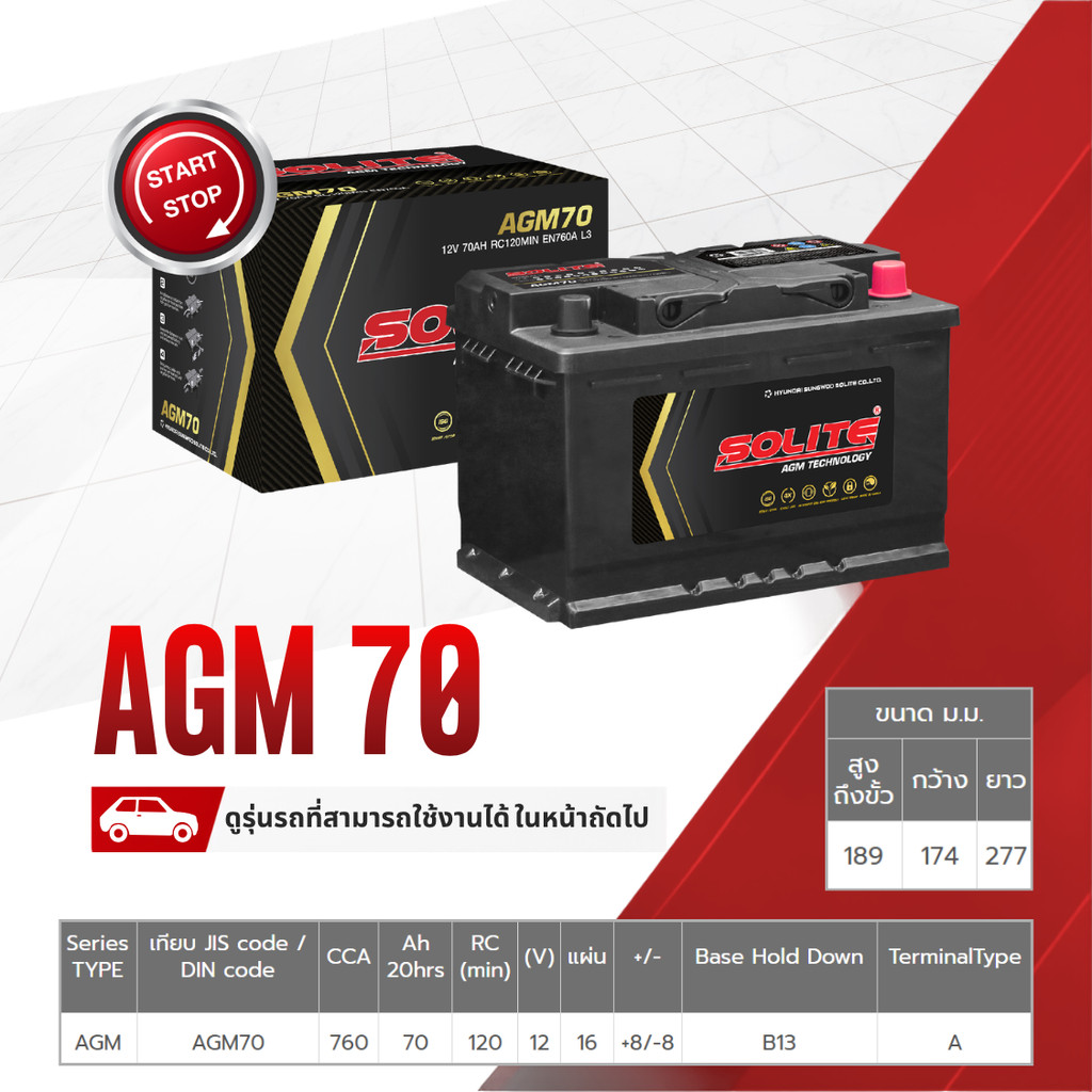 SOLITE แบตเตอรี่แห้ง AGM70 | 70แอมป์ 760 CCA / X1, S40, ไซส์เล็ก-กลาง BMW 1 SERIES, X2, MG HS, BENZ 