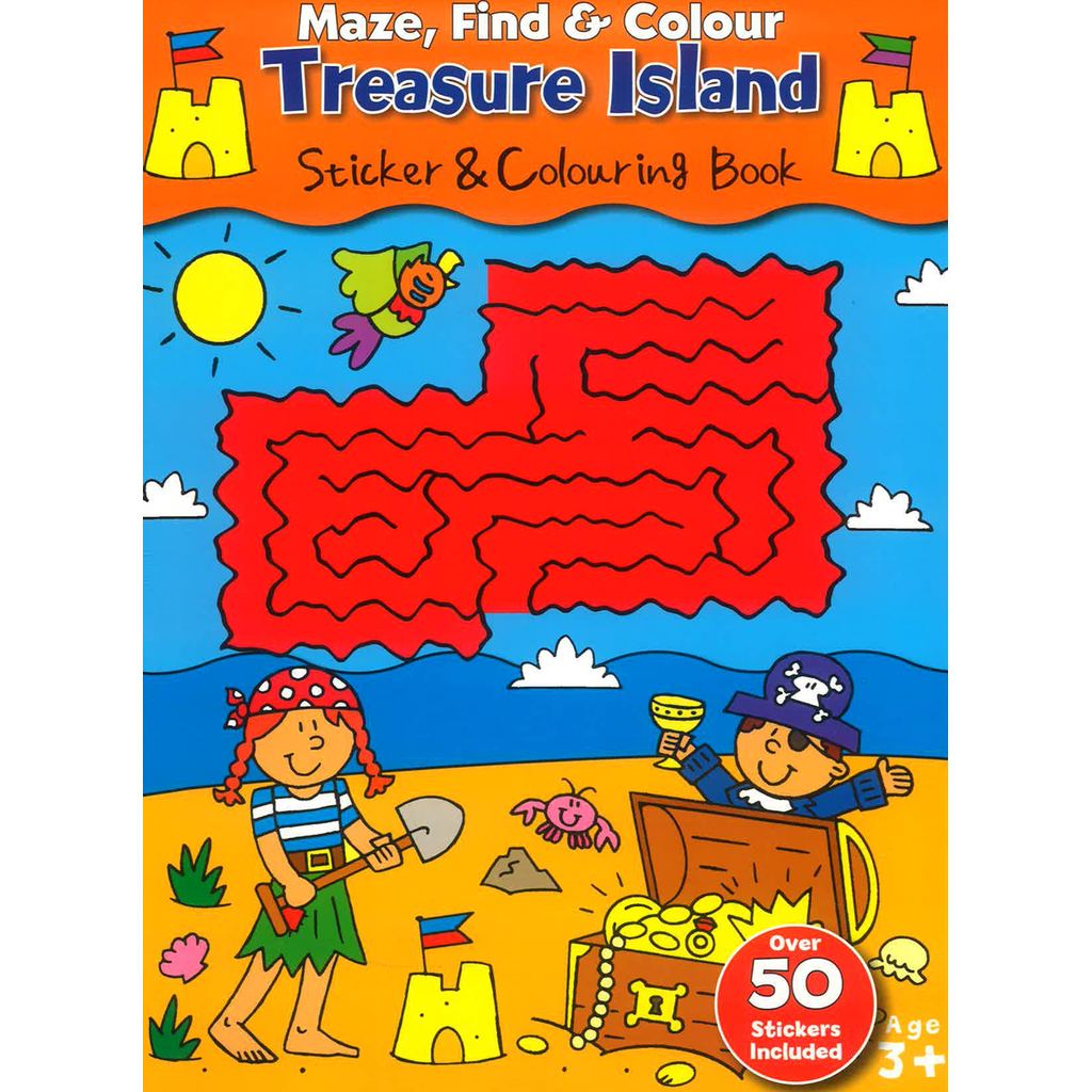 (BX) MAZE, FIND & COLOUR TREASURE ISLAND STICKER & COLOURING BOOK
