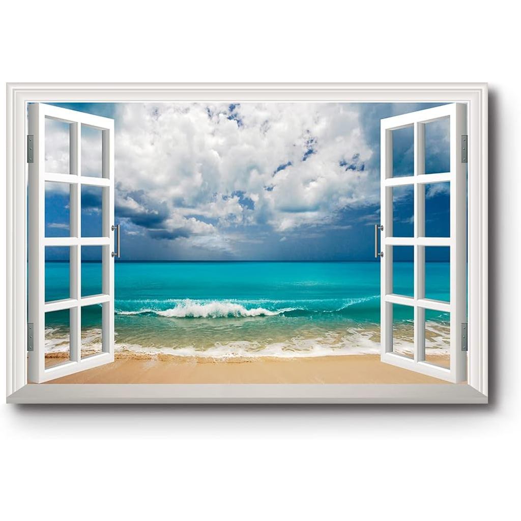 ผ้าใบธรรมชาติ Art Window View Decor สําหรับคริสตัลสีฟ้าน้ํา Sandy Beach แขวนผนังพิมพ์สําหรับตกแต่งบ้