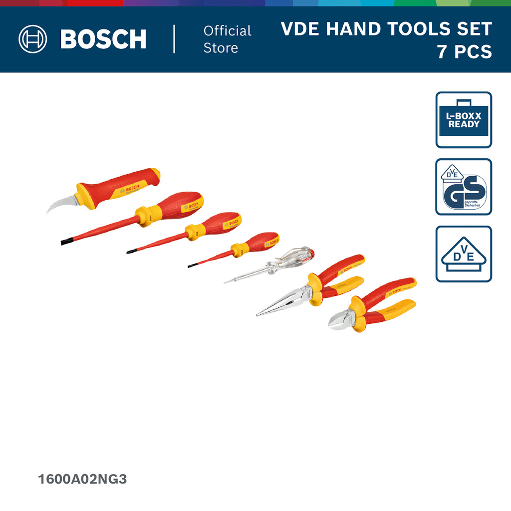 Bosch ชุดเครื่องมือช่างกันไฟ VDE คีมและไขควงหุ้มฉนวน 1,000V (7 ชิ้น) (รหัส 1600A02NG3)