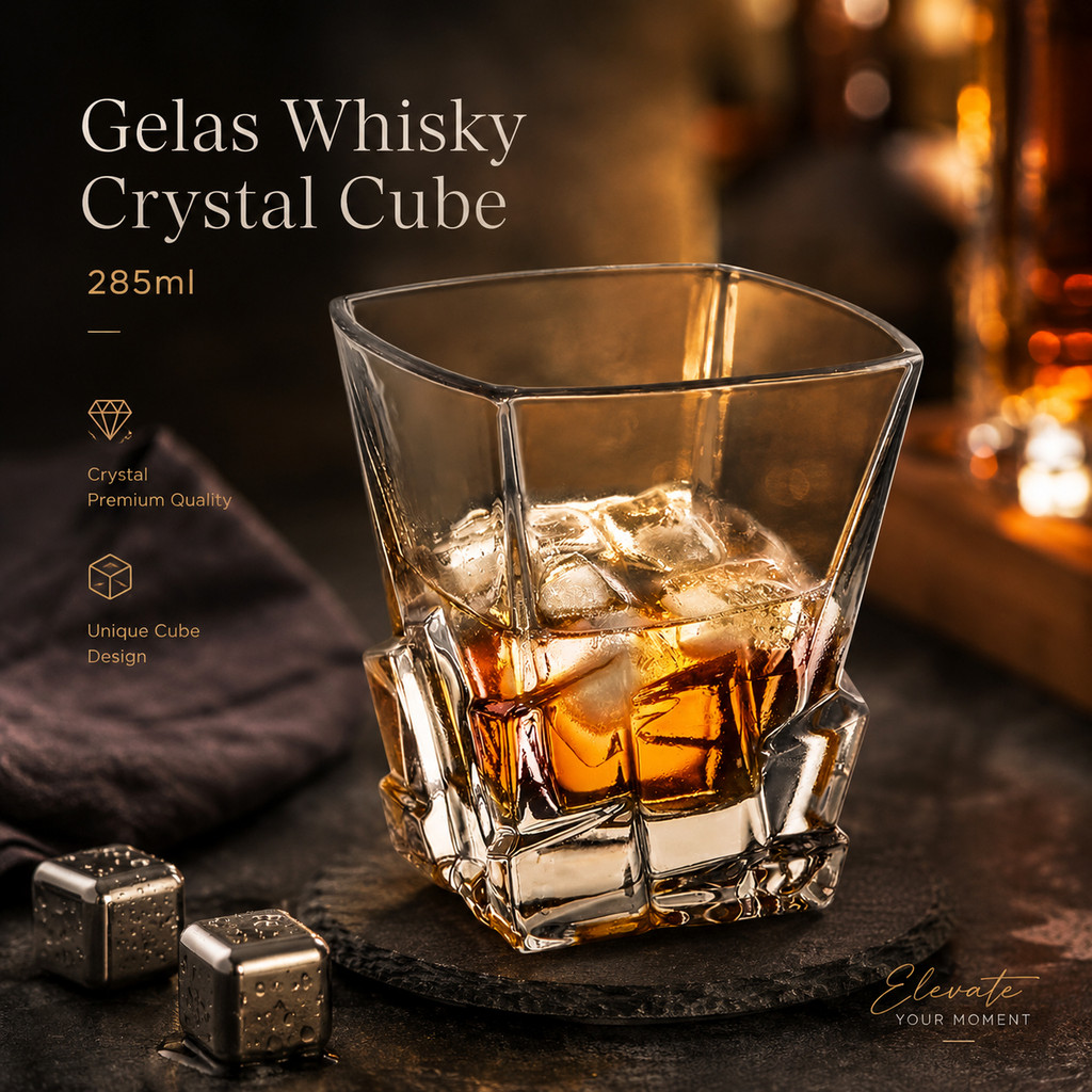 One Two Cups Whisky Crystal Cube Cut Rock Glass 285ml - YJ101
