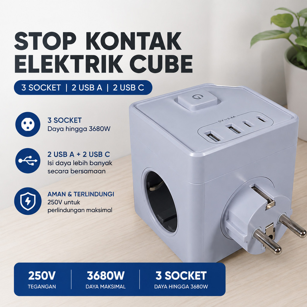 HITREND ซ็อกเก็ตไฟฟ้า 3 ซ็อกเก็ต 2 USB A 2 USB C Cube 250V 3680W - E-46