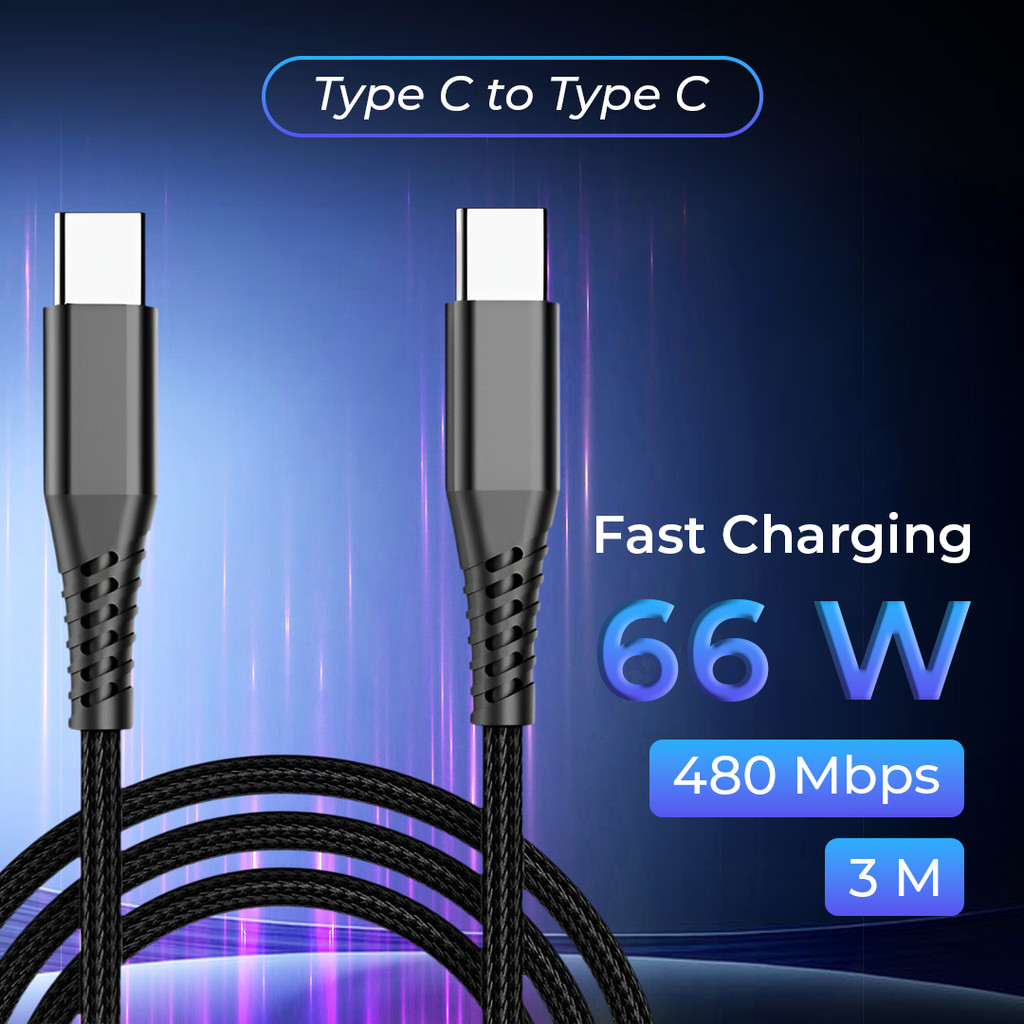 AUFU Type C to Type C Data Cable Charger Braided Fast Charging 6A 66W - KD66 Black 3M