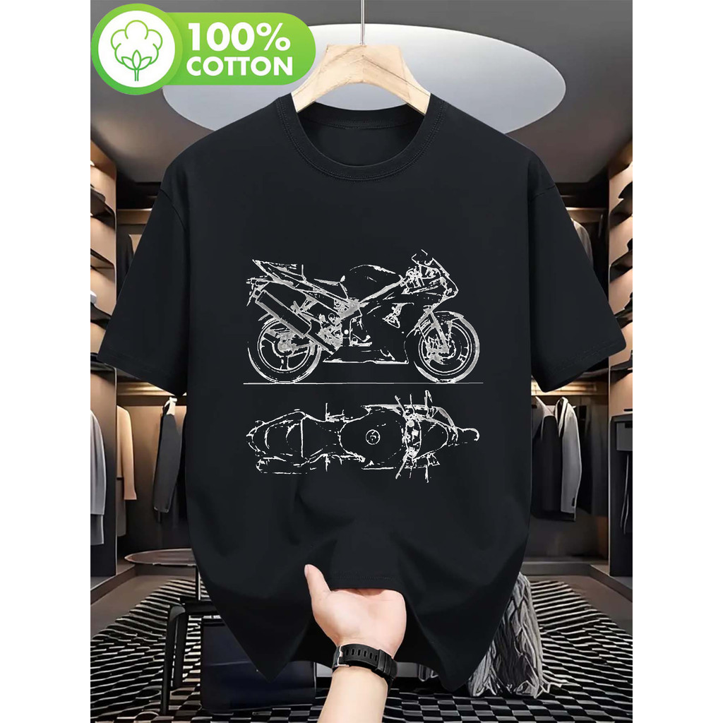 เสื้อยืด Blueprint สําหรับผู้ชาย Ninja ZX6R - ผ้าฝ้าย 100% 180g Casual & Sport Bike Tee พร้อม Ninja 