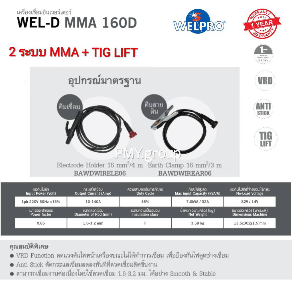 Wel-D เครื่องเชื่อมอินเวอร์เตอร์ ตู้เชื่อม อินเวอร์เตอร์ รุ่น MMA160D รุ่นใหม่ 2ระบบ  MMA ,TIG LIFT แถมหน้ากากเชื่อม ฟรี