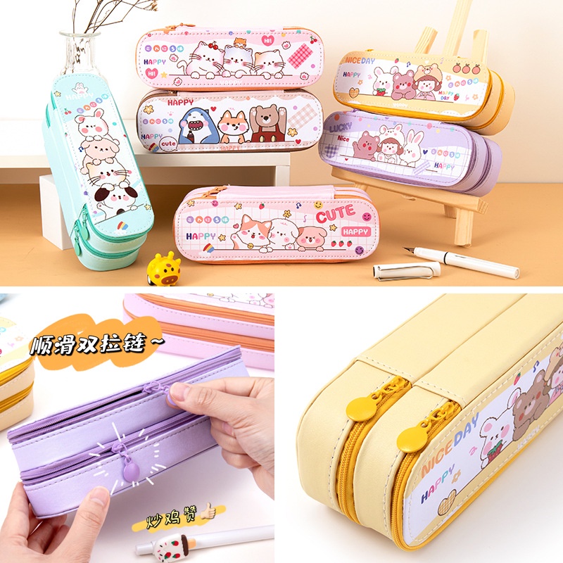 YP-86 กระเป๋าเครื่องเขียนคู่ ความจุสูง ผ้าใบธรรมดา กระเป๋าดินสอ
