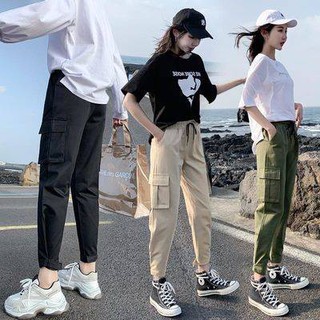 กางเกงผู้หญิง กางเกงวินเทจ กางเกงคาร์โก้ Pure cotton workfall female summer new loose student BF bunch of Korean version of straight slim high waist wild casual pants