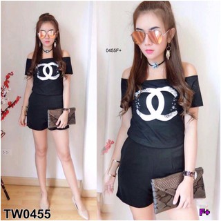 TwinsShopVip💗พร้อมส่ง TW0455 Set 2 ชิ้นเสื้อยืดปาดไหล่ สกรีนกราฟฟิก