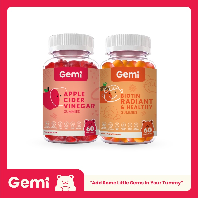 Gemi เจมมี่ ไบโอตินและแอปเปิ้ลไซเดอร์กัมมี่ รวม 2 กระปุก / Gemi Biotin & ACV Gummy / GemiGummi