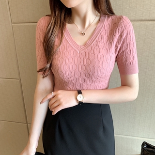 Shein 42002 เสื้อสเวตเตอร์ผู้หญิง ผ้านุ่ม ผ้าทอลายในตัว บาง เสื้อไหมพรมคอวี สำหรับสาวออฟฟิศ