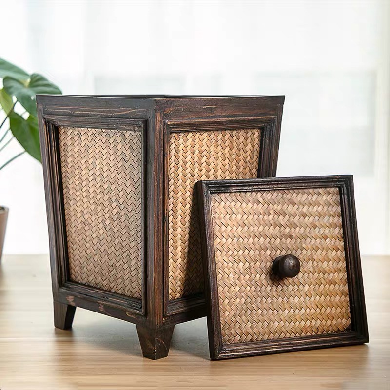 THAILUCKY ถังขยะไม้แบบมีฝา กล่องไม้สาน ถังอเนกประสงค์ใส่ของ เก็บของ ที่เก็บขยะ