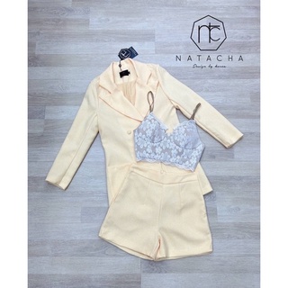 Set สูท 3 ชิ้น บราลูกไม้ + เสื้อสูท + กางเกงขาสั้น ป้าย NATACHA