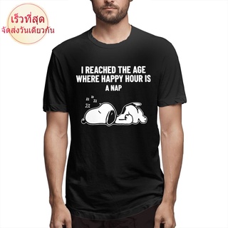 เสื้อยืดผ้าฝ้าย เสื้อยืด ผ้าฝ้าย พิมพ์ลาย LINLIZH Snoopy I Reached The Age Where Happy Hour Is A Nap   ส