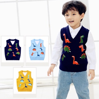 Autumn Winter Baby Knitted Sweater Vest Kids Boys Cartoon Dinosaur V-Neck Sweater Waistcoat Toddler Girl Casual Outfits 1-8T