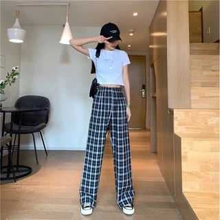 🚀ถูกที่สุด 30สี กางเกงลายสก็อต สไตล์เกาหลี ผู้หญิงเอวสูงยางยืด โอเวอร์ไซต์ทรงกระบอก #355