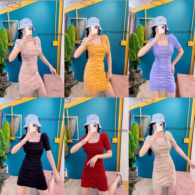 SpinnyHouse เดรสผ้าไหมพรม มินิเดรสคอเหลี่ยมแขนสั้น ด้านหน้าจีบย้นเป็นลายคลื่น ผ้าไหมพรมนิ่ม แซกผ้าม่าน F403A