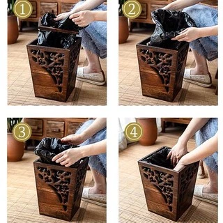 ถังขยะลายดอกฉลุไม้แกะฝีมือดี ห้องครัว ห้องนอน ห้องนั่งเล่น ที่เก็บของ ขนาด12ลิตร
