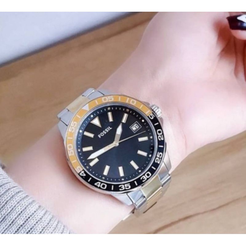 🎀 (สด-ผ่อน) นาฬิกา สายทูโทน หน้าปัดดำ 45 mm BQ2507 Fossil Bannon Three-Hand Date Two-Tone Stainless Steel Watch