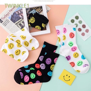 Twinkle1 ถุงเท้าผ้าฝ้ายพิมพ์ลายหน้ายิ้มสไตล์เกาหลีแฟชั่นสตรี