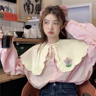 (💥พร้อมส่ง) 🥐Milky shirt เสื้อเชิ้ตแต่งปก ถอดได้ ปักดอกไม้น่าร๊ากกก