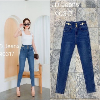 G.D.Jeans รุ่น 90317#กางเกงยีนส์แฟชั่นขายาวผ้ายืดเอวสูงสีเข้มแต่งดีไซร์ข้างขอบเอวแบบเก๋ๆ