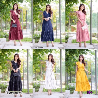 J13079 Dress เดรส ลายจุด ผูกเอว ชายระบาย