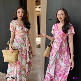 17595 แม็กซี่เดรสยาวทรงกิโมโนลายดอกไม้ Long maxi dress with floral pattern