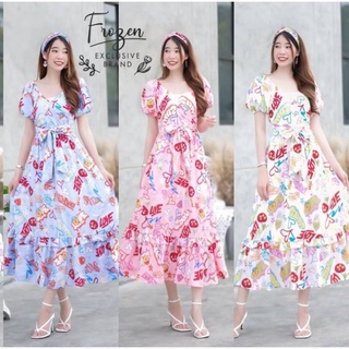 Maxi Dress เซต2ชิ้น ที่ขาดผม เดรสยาวเปิดไหล่แขนตุ๊กตา หน้าไข้ว ดีเทลต่อระบาย เนื้อผ้าพิมสม็อคหลังมีซับในกระโปรง น่ารักกก
