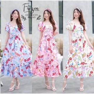 Maxi Dress เซต2ชิ้น ที่ขาดผม เดรสยาวเปิดไหล่แขนตุ๊กตา หน้าไข้ว ดีเทลต่อระบาย เนื้อผ้าพิมสม็อคหลังมีซับในกระโปรง น่ารักกก