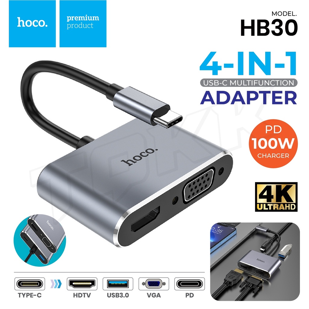 HOCO ตัวแปลง Type-c เป็น HDTV+VGA+USB3+PD (Hoco HB30)/GLINK 4 in 1 Hub Type-C to HDMI / VGA GL-030 ต