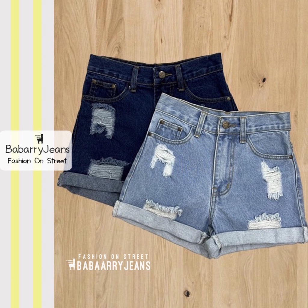 BabarryJeans ยีนส์สามส่วน เอวสูง แต่งขาด ผ้ายีนส์ไม่ยืด สียีนส์เข้ม /สียีนส์อ่อน